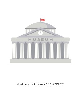 museum building sign. Classical Greece Roman architecture in white with Ionic columns, clock. web icon, isolated vector illustration