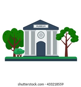 Museum building sign icon with trees. Vector illustration. Flat design. 
