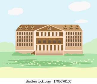 Das Museumgebäude befindet sich in einem Park auf grüner Verglasung auf Baumhintergrund