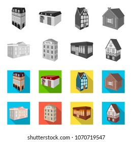 The museum building, a three-story hotel, a stable at the racecourse, a residential cottage. Architectural and building set collection icons in monochrome,flat style vector symbol stock illustration
