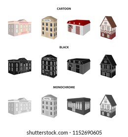 The museum building, a three-story hotel, a stable at the racecourse, a residential cottage. Architectural and building set collection icons in cartoon,black,monochrome style vector symbol stock