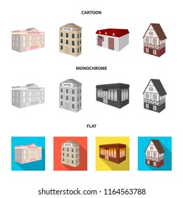 The museum building, a three-story hotel, a stable at the racecourse, a residential cottage. Architectural and building set collection icons in cartoon,flat,monochrome style vector symbol stock