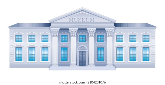 Museum building. Vector Exterior illustration. Cartoon house can be art gallery, bank, government, university, institute, campus, court. Flat museum palace front icon. Architecture on white background