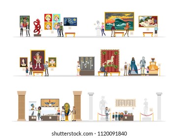 Museum city building interior with rooms and visitors.