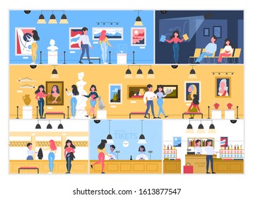 Museum city building interior with rooms and visitors. People in the museum. Modern artwork exhibit. People taking photo of the painting, buying souvenirs. Vector illustration in cartoon style