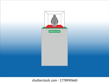 museum collection, a Buddha head statue on glass for historical study. rock vector image