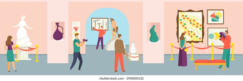 Museumskonzept, Vektorgrafik. Flache Menschen Mann Frau Charakter in der Kunstausstellung, Galerie Ausstellung Innendesign. Kulturmalereien