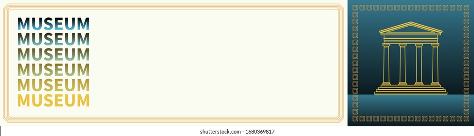 Museum contour silhouette. Combination of blue and gold. Horizontal banner with museum building icon. Classic facade with columns. Architecture and sights. Linear design Vector illustration Copyspace