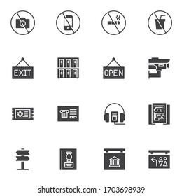 Museum control system vector icons set, modern solid symbol collection, filled style pictogram pack. Signs logo illustration. Set includes icons as prohibition signs, lockers, cctv camera, guide book