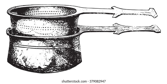 Museum of Copenhagen, Bronze pot, with his sieve, vintage engraved illustration. Magasin Pittoresque 1876.
