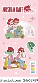 Museum date, Couple Riding Scooter. kawaii cartoon