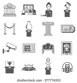 Museum decorative black icons set of ancient sculpture audio classical picture knight armor and museum caretaker isolated vector illustration 