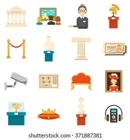 Museum decorative flat color icons set of exhibits audio guide headphones and ticket isolated vector illustration 