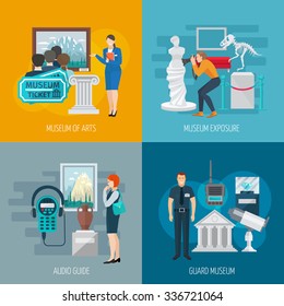 Museum design concept set with audio guide flat icons isolated vector illustration