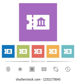 Museum discount coupon flat white icons in square backgrounds. 6 bonus icons included.