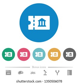 Museum discount coupon flat white icons on round color backgrounds. 6 bonus icons included.