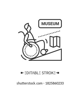 Museum entrance wheelchair ramp line icon. Accessible, for disabled people public places.Barriers-free environment and social adapting for disabled people.Isolated vector illustration.Editable stroke 