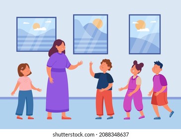 Museum excursion of students and teacher. Female guide showing painting, teaching school children history of culture and art flat vector illustration. Tour to gallery, exhibition, education concept