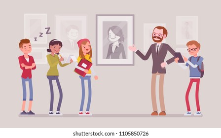 Museum excursion trip. Group of school childern, students watching and listening educational lecture about historical, scientific, artistic, or cultural objects. Vector flat style cartoon illustration