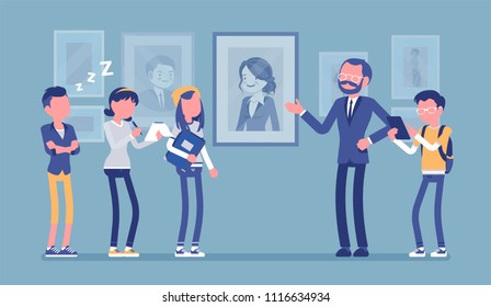 Museum excursion trip. Group of school childern, students watching and listening educational lecture about historical, scientific, artistic, cultural objects. Vector illustration, faceless characters