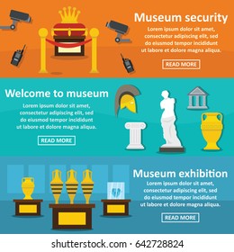 Museum exhibit banner horizontal concept set. Flat illustration of 3 museum exhibit vector banner horizontal concepts for web