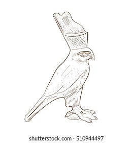 Museum exhibit - a bird which symbolizes the Egyptian god Horus. falcon sculpture drawing by hand. Vector illustration.