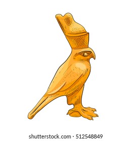 Museum exhibit a bird which symbolizes the Egyptian god Horus. Colored vector african totem. Falcon gold statuette archaeological excavations. Vector illustration.
