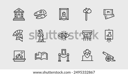 Museum and exhibit icons. Large set of museum and exhibit trendy minimal icons. Dinosaur Skeleton, Exhibit, Ticket icon. Design signs for web page, mobile app, packaging design. Vector illustration