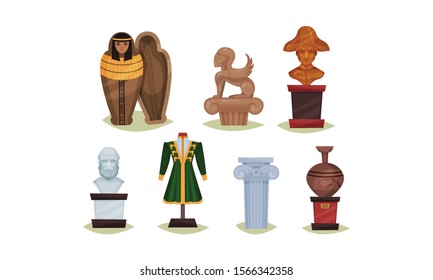 Museum Exhibit Items Isolated On White Background Vector Set
