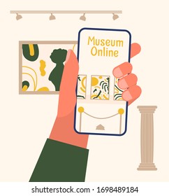 Museum exhibit online concept. Contemporary art gallery. Hand with phone with exibition app on screen. Colorful vector flat illustration with lettering. Home hobby for self isolation. Co working home.