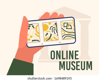 Museum exhibit online concept. Contemporary art gallery. Hand with phone with exibition app on screen. Colorful vector flat illustration with lettering. Home hobby for self isolation. Co working home.