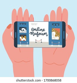 Museum exhibit online concept. Contemporary art gallery. Hand with phone with exibition app on screen. Colorful vector flat illustration with lettering. Home hobby for self isolation. Co working home.