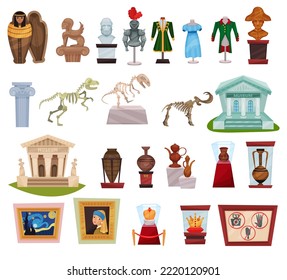 Museum Exhibit with Picture, Ancient Vase, Sculpture, Clothing and Dinosaur Sleketon Big Vector Set