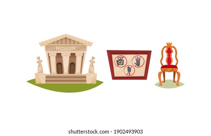 Museum Exhibit with Royal Chair and Ancient Architecture Vector Set