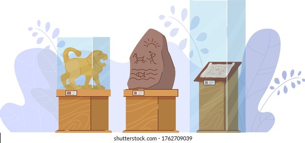 Museum exhibit stuff, glass protective box stand historical ancient showpiece isolated on white, flat vector illustration. Exhibition center with asian sculpture, cave painting and earliest papyrus.