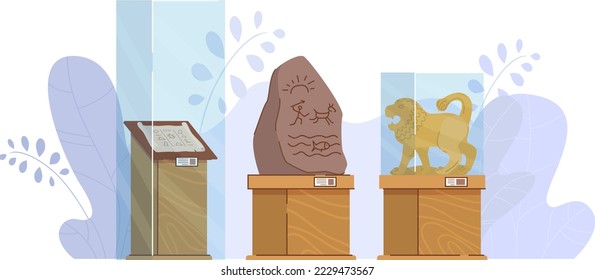 Museum exhibit stuff, glass protective box stand historical ancient showpiece isolated on white, flat vector illustration.