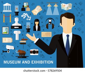 Museum and exhibition concept background. Flat icons. 