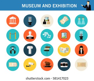 Museum and exhibition concept flat icons. 