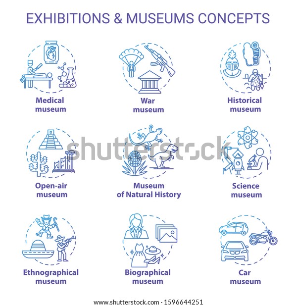 Museum exhibition concept icons set.\
Ethnographical and biographical exposition. Natural history.\
Open-air display idea thin line illustrations. Vector isolated\
outline drawings. Editable\
stroke