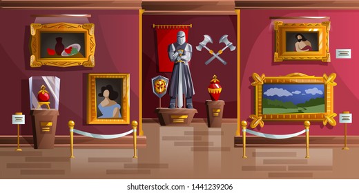 Museum Exhibition Room Cartoon Vector Illustration. Palace Interior, Art Gallery Of Medieval Castle, Empty Hall With Ancient Portraits, Knight Armor Statue And Ancient Weapons On Wall, Game Background