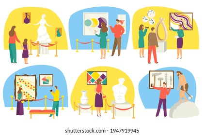Museumsausstellung, Vektorgrafik-Set. Erwachsene, Kinder-Charcater verbringen Freizeit im historischen, modernen Museum.