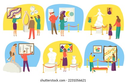 Museum exhibition, set vector illustration. Adult people, children charcater spend leisure time in historical, modern museum.