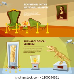 Museum exhibition. Vector banners set. Museum exposition and exhibit sculpture and dinosaur illustration