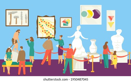 Exposición del museo, ilustración del vector. Caracter de hombre mujer en galería de arte mira la exposición de arte cultural. Visitante de caricaturas en excursión