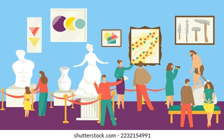 Exposición del museo, ilustración del vector. Caracter de hombre mujer en galería de arte mira la exposición de arte cultural. Visitante de caricaturas en excursión
