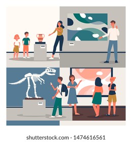 Museum exhibition visitors set - cartoon people in art gallery exhibit tour looking at paintings, dinosaur bones and ancient vase, guide talking about artwork - flat hand drawn vector illustration