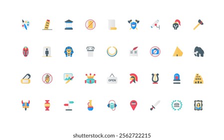 Museum, exhibits of art gallery, antique history, heritage and archeology exhibition color icon set. Audio guide, artwork and painting, information for excursion flat elements vector illustration