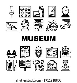 Museum Exhibits And Excursion Icons Set Vector. Museum Cctv And Audio Guide, Coins And Skull, Dinosaur Egg And Meteorite, Statue And Pottery Black Contour Illustrations