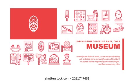 Museum Exhibits And Excursion Landing Web Page Header Banner Template Vector. Museum Cctv And Audio Guide, Coins And Skull, Dinosaur Egg And Meteorite, Statue And Pottery Illustration