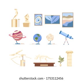 Museum exhibits flat color vector objects set. Dinosaur skeleton showcase. Picture for art gallery. Antique sculpture. Exposition masterpieces 2D isolated cartoon illustrations on white background